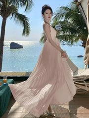 Sexy Elegant Pleated Long Dress For Women Summer V-Neck Backless Holiday Beach Lace-up A-Line Dresses Female Vestidos 2025 New voguable