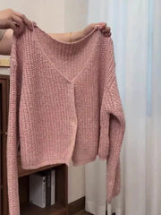 Pink Knitted Cardigan for Women Long Sleeve V-neck with Invisible Button Front Sweater Jacket Teen-girl Fall Winter Cute Outfit voguable