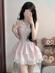 Sweet Slim Pink Dress Women Cute Preppy Style Sailor Collar Mini Dress Casual Retro Japan Lace Patchwork Kawaii Cake Dress voguable