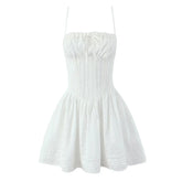 Summer Women Hollow Out Embroidery White Sling Mini Dresses Sexy Low Waist Fit And Flare Party Dress Bridesmaids Robe