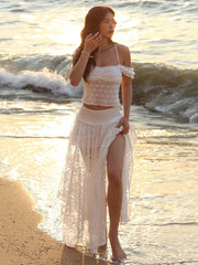 Patchwork 2-Piece Set Jacquard Women Lace Bandage Mini t-Shirt+High Slits Skinny Skirt Elasticated Waist Matching Suits voguable