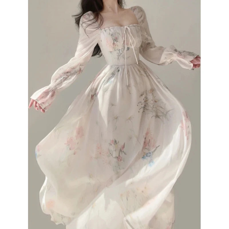 Voguable Summer Elegant Floral Fairy Dress Woman Beach Style Party Long Sleeve Midi Dress Fashion French Style Chiffon Dress voguable