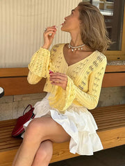 Knitwear Hollow Out Sweater Cardigan Women V-Neck Long Sleeve See-Through Cropped Top Summer Knit Patchwork Cardigan Top voguable