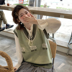 Three-piece Suit for Women Spring Matcha Green Knitted Vest Girly White Shirt Black Pleated Skirt College Style Suit Female voguable