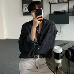 2024 Autumn Korean Fashion Black Denim Shirt Men Long Sleeved Loose Retro Lapel Button All-match Casual Mens Shirts Jacket voguable