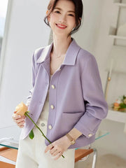 Elegant Slim Purple Jacket Women Sweet Long Sleeve Small Fragrance Coat Casual Fall Winter Lady French Pockets Fashion Tops voguable
