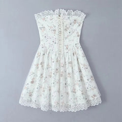 YENKYE Sweet Women Lace Patchwork Floral Print Mini Strapless Dress Front Bandage Summer Holiday Party Robe Birthday Dress Sexy voguable