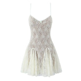 New Fashion Women Spaghetti Straps Lace Sexy Dresses Black Beige Backless Hollow Out A-line Mini Dress Night Out Robe voguable