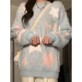Voguable Winter Lazy Style Blue Print O-neck Long Sleeved Sweater Women's Mink Velvet Insulation Pullover Loose Casual Versatile Knit Top voguable