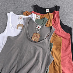 Voguable Summer New American Retro Sleeveless O-neck Soild Sleeve T-shirt Men's Fashion 100% Cotton Washed Old Casual Sports Vest Tops voguable