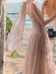 Women's French Floral Print Halther Dresses Summer Elegant V-Neck Slim Lace-up Midi Dress Sexy Beach Holiday 2025 New Fashion voguable