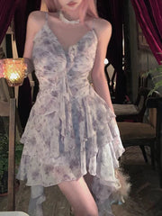 Voguable Vintage Sweet Party Mini Dress Women Ruffles YK2 Floral Print Korean Fashion Designer Sexy Strap Dress Summer New Female voguable