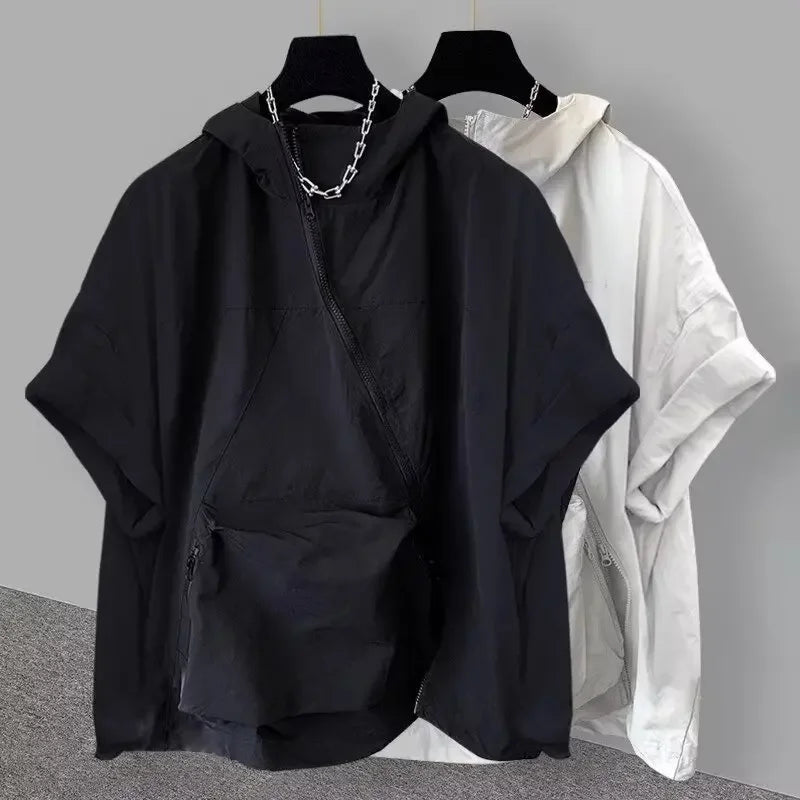 Voguable Trendy Zip-Up Hooded Short Sleeve Men's T-Shirt Korean Style Loose Fit Large Pocket Summer Casual Tops voguable