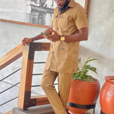 Voguabl 2024 Summer Short Sleeve Tops Pockets Pants Single Breasted Tuxedo 2PCS Men's SetsAfrican Ethnic Casual Kaunda Suit Wedding Wear voguable