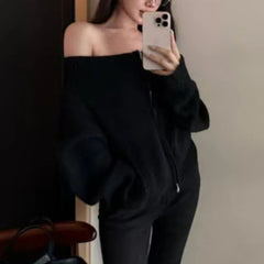Women's Off-the-Shoulder Sweater Cardigan Zip Up Knitted Off Shoulder Sweater Jacket Teen-girl Fall Winter Y2K Outfit voguable