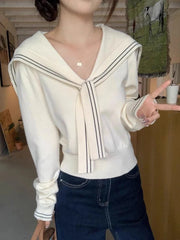 Sweet Sailor Collar Sweaters Women Vintage Preppy Style Fall Knitted Jumpers Casual Long Sleeve Lady Loose Striped Pullover New voguable