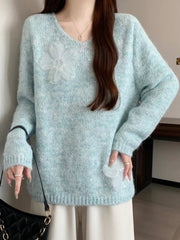 3D Floral Sweet Sweaters Women Loose Fashion V Neck Elegant Knitted Jumper Casual Chic Korean Female Fall Winter Long Sleeve Top voguable
