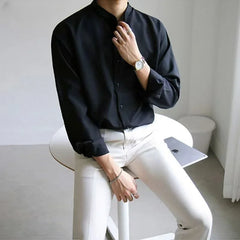 Men Spring Autumn Fashion Stand Collar Solid Shirts Men Long Sleeve Business Casual Shirts Male New Loose Blouses voguable
