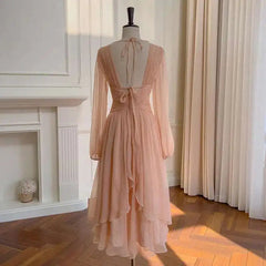 Embroidered Flares Lace-up Women's Backless Dress Solid Color V-Neck Lantern Sleeve 2025 Spring New Dresses Female voguable