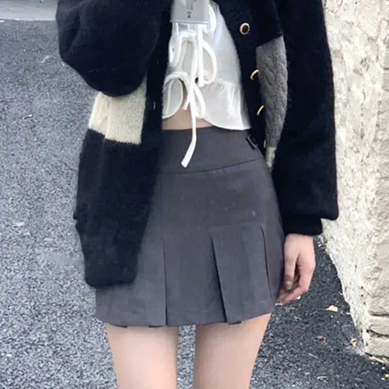 Korean Fashion Gray Pleated Skirt Women Vintage Cute High Waist Sexy Mini Skirts Kawaii Preppy Style Summer Streetwear voguable