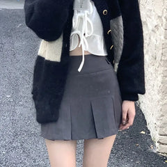 Korean Fashion Gray Pleated Skirt Women Vintage Cute High Waist Sexy Mini Skirts Kawaii Preppy Style Summer Streetwear voguable