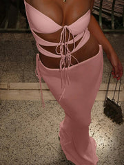 Sexy Hollow 2 Piece Set Women Chic Summer Vacation Beach Strapless Knot Tops+Mesh Long Skirts Solid Stretch Clubwear voguable