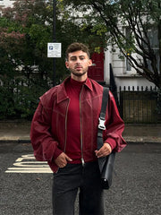Casual Pu Leather Double Zipper Long Sleeve Coat  Trendy Green Faxu Leathers Lapel Men's Baggy Bomber Jacket Chic Outwear voguable