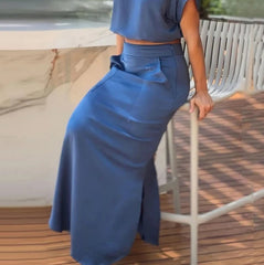 Voguable Summer New Casual Solid Color Micro Elastic Short Sleeve Top Loose Long Dress Two Piece Set voguable