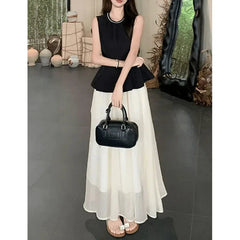 Summer 2025 New Hepburn Style Women's Heavy Embellished Top And Skirt Set with Pearlescent Fabric Elegant And High-End Feeling voguable