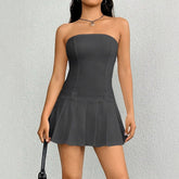 Dresses Summer Hotsweet Korean Plain Sashes Sleeveless Off Shoulder Mini Pleated Daily Milkmaid Dresses (without Belt) voguable