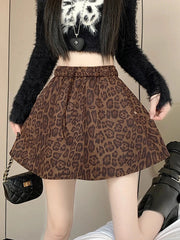 Y2K Leopard Mini Skirt Women High Waist Faux Suede Fabric A Line Skirts Streetwear Fall Winter Loose Vintage Sexy Skirts voguable