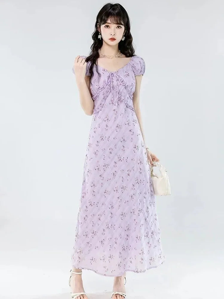 Floral Women Sweet Long Dress Elegant Vintage V Neck Slim Dress Casual Short Sleeve French Summer Retro Lady Vestidos New voguable