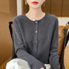 Autumn Winter Women Clothing A Line Of Clothing Crewneck Knitted Cardigan Long Sleeve Women Solid Color Fashion Temperament Tops voguable