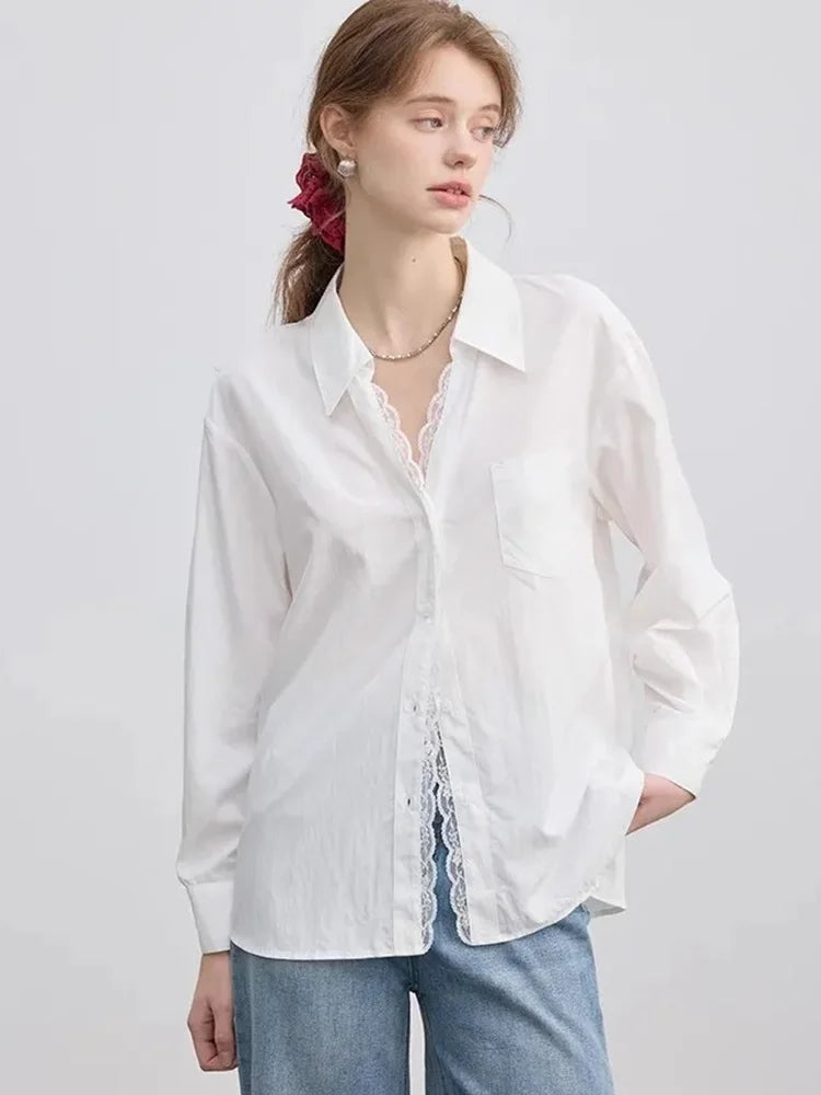 Lace Patchwork White Shirt Women Elegant Long Sleeve Vintage Blouse American Casual Autumn Female Sweet Pocket Retro Tops voguable