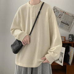 Long Sleeved T-shirt Men White Casual Round Neck T Shirt Men Streetwear Korean Loose Pleated T Shirt Mens Top Large Size 4XL voguable