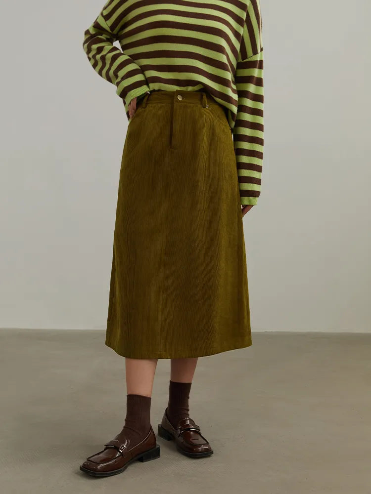 Corduroy Retro High Waist Skirt Women Autumn Winter Back Slit Commuter Casual Solid Color Length-option Female Skirts voguable
