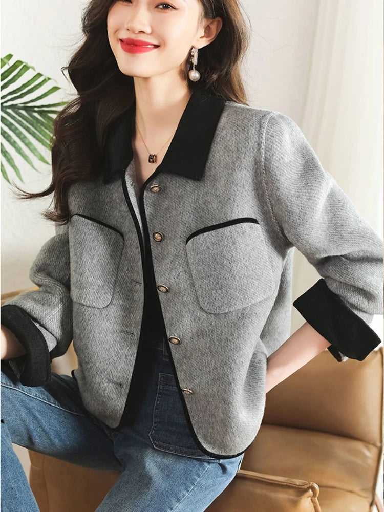 Voguable Elegant Office Lady Grey Tweed Jacket Korean Fashion Buttons Casual Coat Fall Long Sleeve Turn Down Collar Simple Outwear voguable