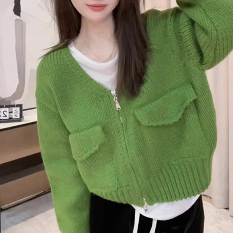Women's Zip Up Knit Cardigan with Pocket V-neck Zipper Front Crop Sweater Jacket Female Teen-girl Autumn Winter Y2K Outfit voguable