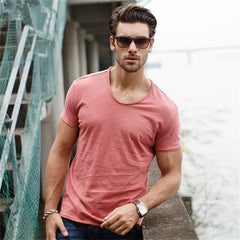Men T-shirt V-neck Fashion Design Slim Fit Soild T-shirts Male Tops Tees Short Sleeve T Shirt For Men voguable