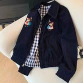 Voguable Vintage Corduroy Jacket Women Harajuku Streetwear Cartoon Embroidery Coat Autumn Korean Plaid Patchwork Zipper Casual Outerwears voguable