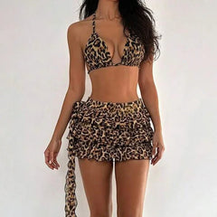 Voguable Women Classic Leopard Print 3 Piece Bikini Set Halter Triangle Top Side Tie Bikinis Tiered Ruffle Mesh Wrap Skirt Beach Swimwear voguable