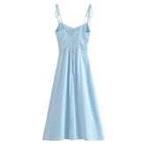 Voguable Women French Style Light Blue Front Slit Sling Dresses Sexy Sleeveless High Waist Female Holiday Summer Chiffon Dress voguable