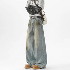 Men Baggy Wide Leg Jeans Washed High Street Fashion Trendy Casual Streetwear Oversized Fit Light Blue Vintage Wash Trousers voguable