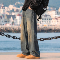 Men Straight Leg Jeans Washed Vintage Retro Patchwork Design Denim Pants Streetwear Classic Comfort Fit Distressed Style voguable