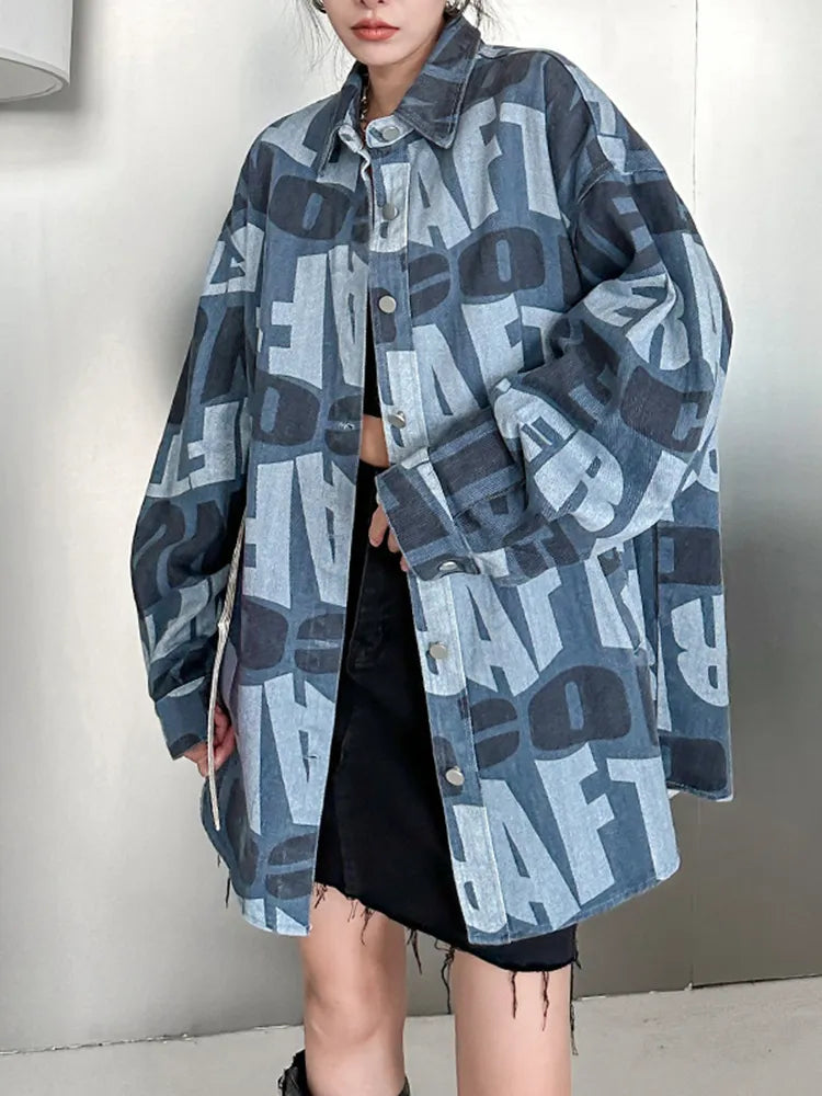 Loose Fit Blue Letter Printed Denim Big Size Jacket New Lapel Long Sleeve Women Coat Fashion Spring Autumn voguable