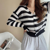 Women Striped Knit Cardigan Button Front Long Sleeve V-neck Crop Sweater Jacket Comfy Knitwear French Chic Autumn Winter Outfit voguable
