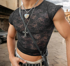 Summer Men T Shirt Lace Transparent O-neck Sleeveless Sexy Crop Tops Men Tees Streetwear 2025 Fashion Men Clothing S-5XL voguable