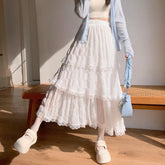 Voguable Sweet Lace Ruffles Long Skirt Women Summer Cute Puff Cake A Line Skirt Woman Korean Style High Waist White Chiffon Tulle Skirt voguable