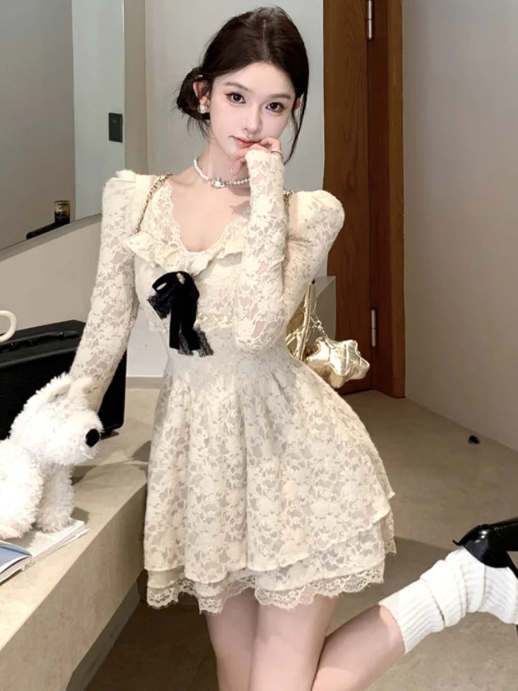 Women's Vintage Lace Short Dresses Bow Long Sleeves Ruffles Square Collar A-Line Fashion Dress 2025 New Korean Prom Vestidos voguable