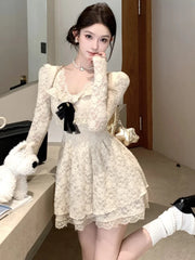 Women's Vintage Lace Short Dresses Bow Long Sleeves Ruffles Square Collar A-Line Fashion Dress 2025 New Korean Prom Vestidos voguable